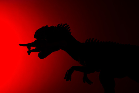 shadow of allosaurus biting a smaller dinosaur with red light in darkの写真素材