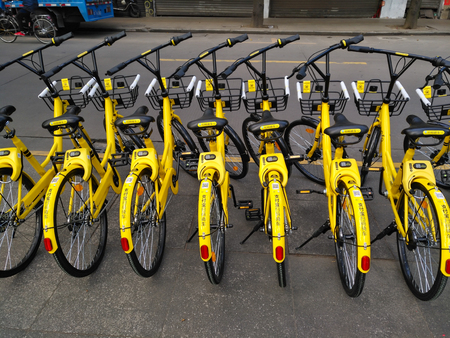 ZHONGSHAN;GUANGDONG;China-November 28;2017:shared bikes on the side of the road.Bicycle-sharing is...