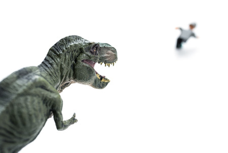 tyrannosaurus chasing a running people on white