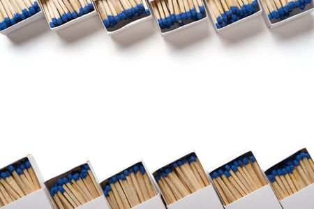 top view opened matchboxes on white backgroundの写真素材