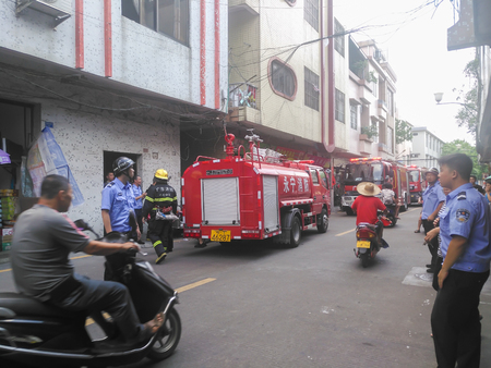 Zhongshan,China-May 31,2018:fire trucks on the road preparing for fire fighting.