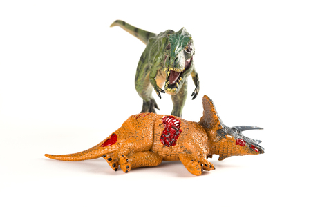 front view tyrannosaurus with a triceratops body nearby on white backgroundの写真素材