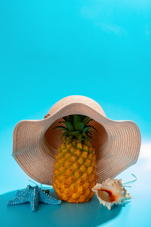 pineapple wears a hat with starfish and sea shell with concept of summer vacationの写真素材