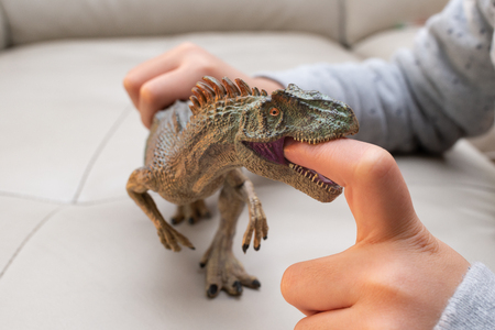kid playing a allosaurus toy and putting his finger inside the mouthの写真素材