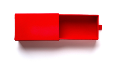 top view of opened red gift box on white backgroundの写真素材