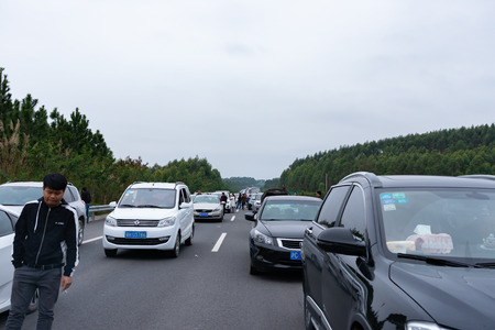 Guangxi,China-February 10,2019:tailbacks on the last holiday of the Chinese new year.Cars cannot...