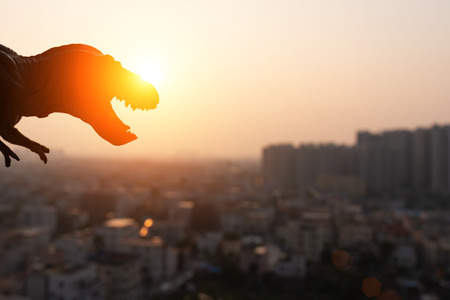 silhouette of tyrannosaurus and buildings in sunset timeの写真素材