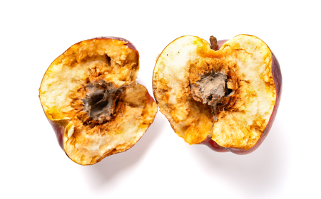 Top view of rotten apple on white backgroundの写真素材