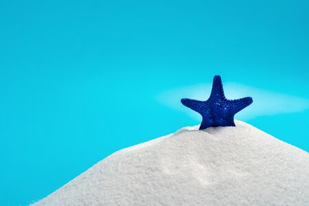navy blue starfish on white sand on blue background. Concept of summer vacations