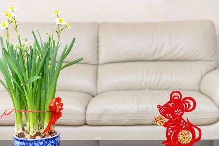 Narcissus and paper cut  rat in living roomの写真素材