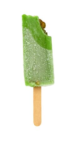 green bean ice pop with couple of bites on a white backgroundの写真素材