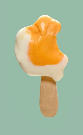 mostly eaten egg shape ice cream stick on green backgroundの写真素材