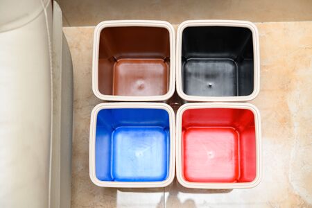 top view of garbage classification binsの写真素材