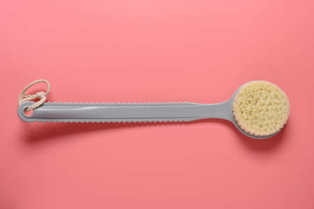 top view bath brush on a pink backgroundの写真素材