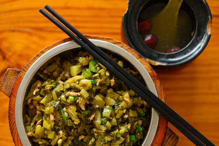 top view fast food of pickled cabbage and shredded pork with rice and soupの写真素材