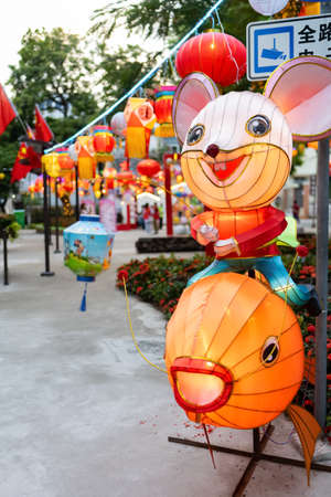 ZHONGSHAN CHINA-Oct 1st 2020:lanterns hanging on the street for celebrating Chinese Mid Autumn Festival and the National day on Oct 1st 2020.のeditorial素材
