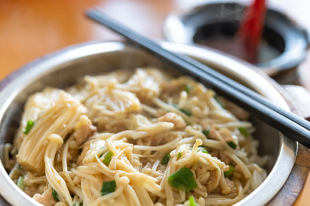 angle view fast food enoki mushroom and pork and rice with soup horizontal compositionの写真素材