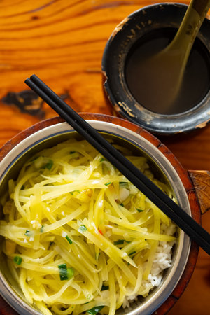 top view fast food of vinegar-pepper shredded potatoes with soup vertical composition