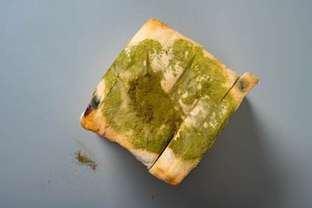 top view moldy bread on grey backgroundの写真素材