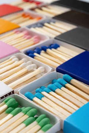 angle view multi color matchboxes vertical compositionの写真素材