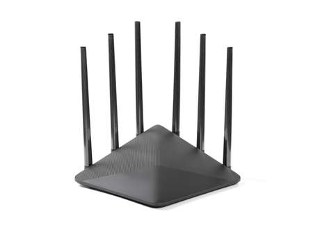 a black wifi router on white background