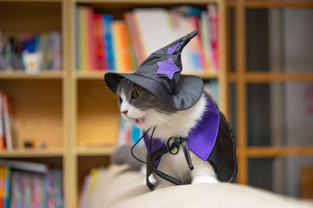 a british shorthair cat wearing Halloween dress and standing on a sofa in a living room