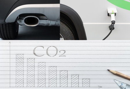CO2 reducing trend chart with gasoline motor car shifting to electric carの写真素材