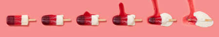 ice cream mixed with grape and lychee and coconut flavors melting process on pink background at top...