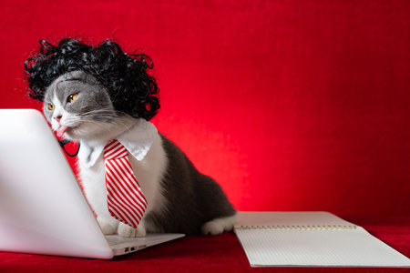 british shorthair cat with wig and tie like a business lady and working with a laptopの写真素材