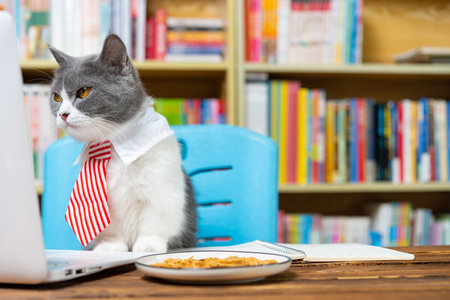 british shorthair cat with business tie and looking at the laptop seriouslyの写真素材