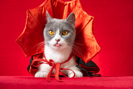 cute british shorthair cat with witch cloak as Halloween characterの写真素材