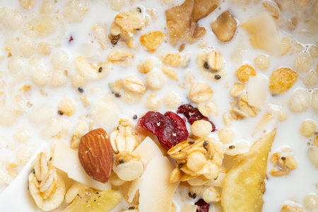 healthy breakfast of milk with nuts and dry fruits and melon seeds