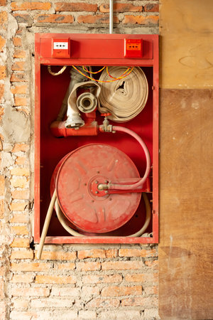 fire hose on the wall vertical compositionの写真素材