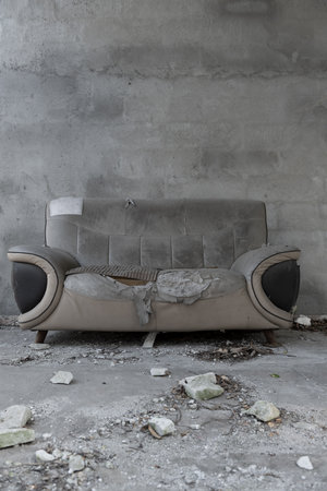 badly damaged sofa at vertical compositionの写真素材