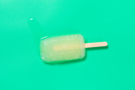 top view phyllanthus emblica flavor pop stick starts melting on green backgorundの写真素材