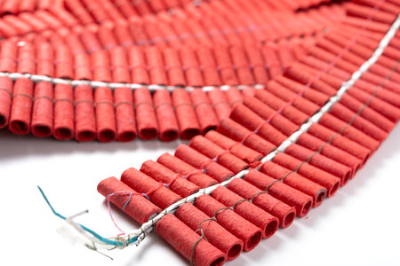 angle view firecrackers on a white backgroundの写真素材