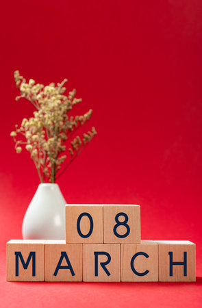 MARCH 08 and vase on red vertical compositionの写真素材