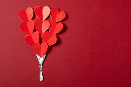 top view bunch of red hearts on a red background horizontal compositionの写真素材