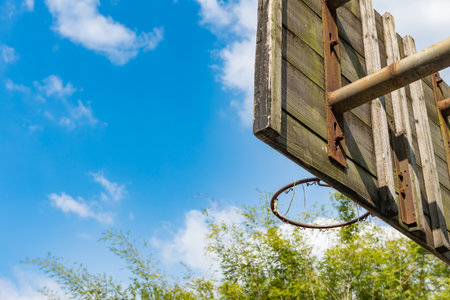 angle view basketball hoop and board under the blue sky horizontal composition