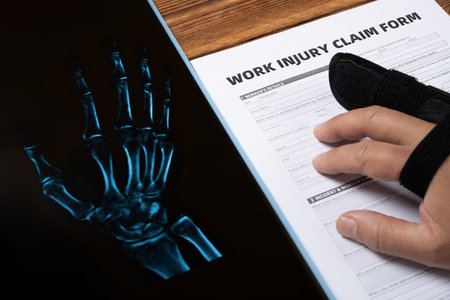 X-ray film and a man with wrapped hand on a work injury claim formの写真素材