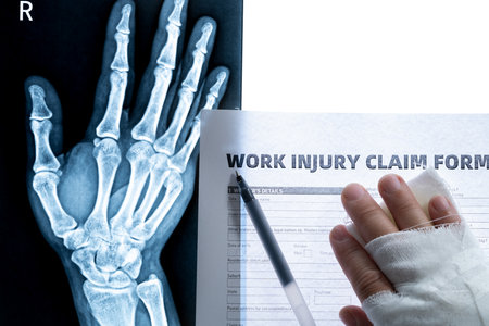 top view X-ray film and a man with wrapped hand on a work injury claim formの写真素材