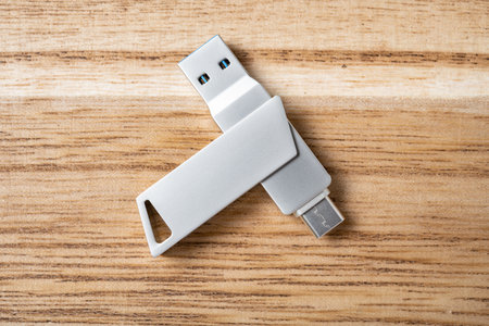 top view multi-sockets USB flash disk on a wood background