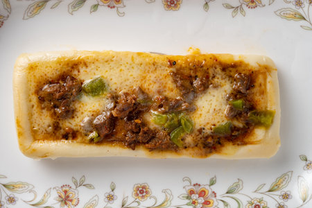 top view fresh cooked beef pizza with cheeseの写真素材