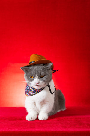 a british shorthair cat wears cowboy cosplay costume at vertical compositionの写真素材
