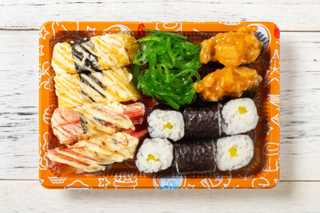top view fresh sushi on a plateの写真素材