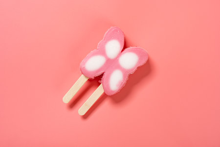 top view beautiful butterfly shape ice pop on pink background