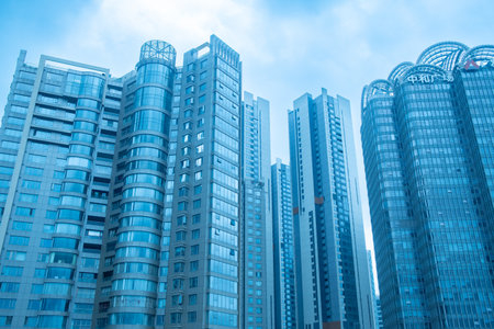 commercial buildings in a cloudy day horizontal compositionの写真素材