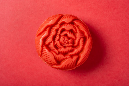 trendy and beautiful flower shape red moon cake on a red backgroundの写真素材