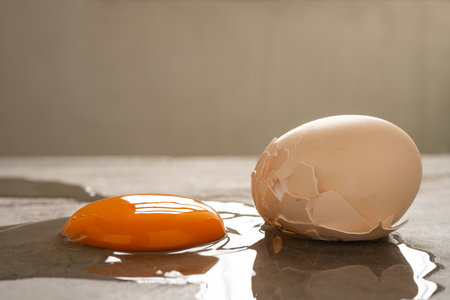 angle view broken egg on a concrete floor horizontal compositionの写真素材