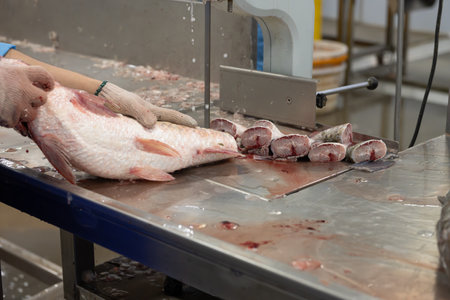 fish tail cutting machine working in a factory